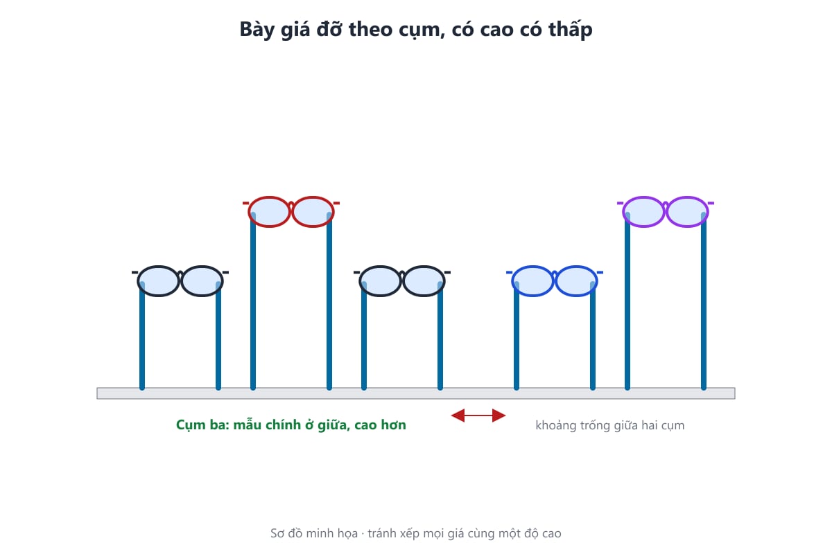 Sơ đồ bày giá đỡ mắt kính theo cụm cao thấp