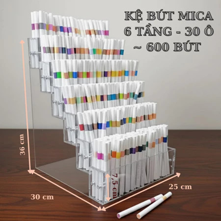 Kệ bút mica 6 tầng 30 ô có ghi đủ số đo 25 x 30 x 36 cm và ô sâu 7,5 cm