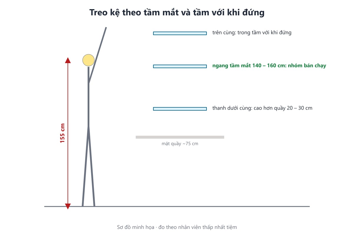 Sơ đồ độ cao treo từng thanh kệ nail theo tầm mắt và tầm với