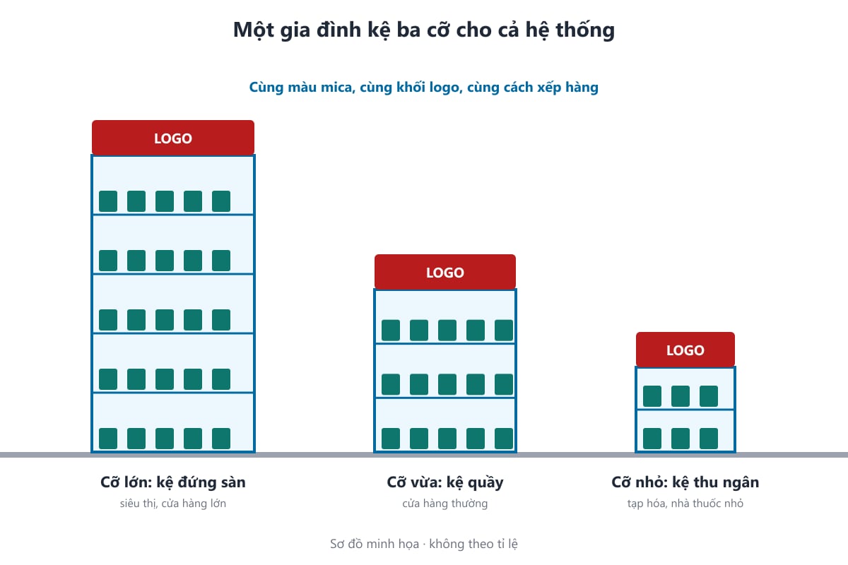 Sơ đồ một gia đình kệ ba cỡ dùng chung cho hệ thống