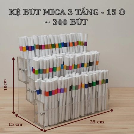 Kệ bút mica 3 tầng 15 ô đầy bút màu, kích thước 25 x 15 x 18 cm