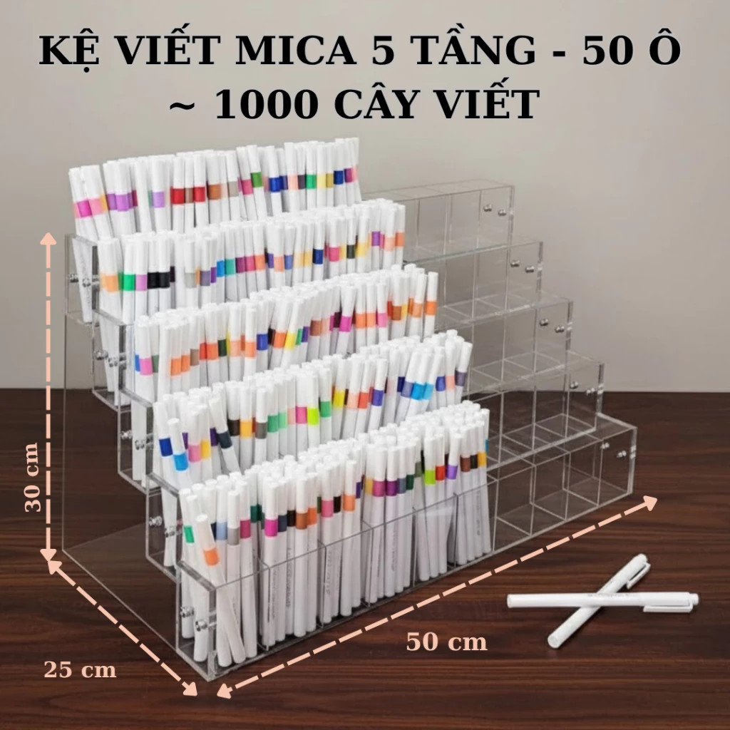 Kệ bút mica 5 tầng 50 ô chứa khoảng 1000 cây viết, kích thước 50 x 25 x 30 cm
