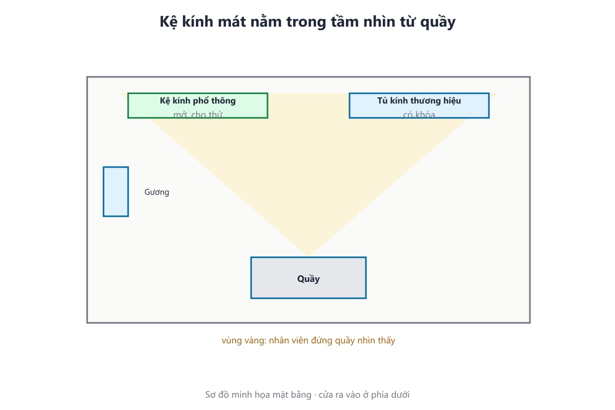 Sơ đồ đặt kệ kính mát trong tầm nhìn từ quầy