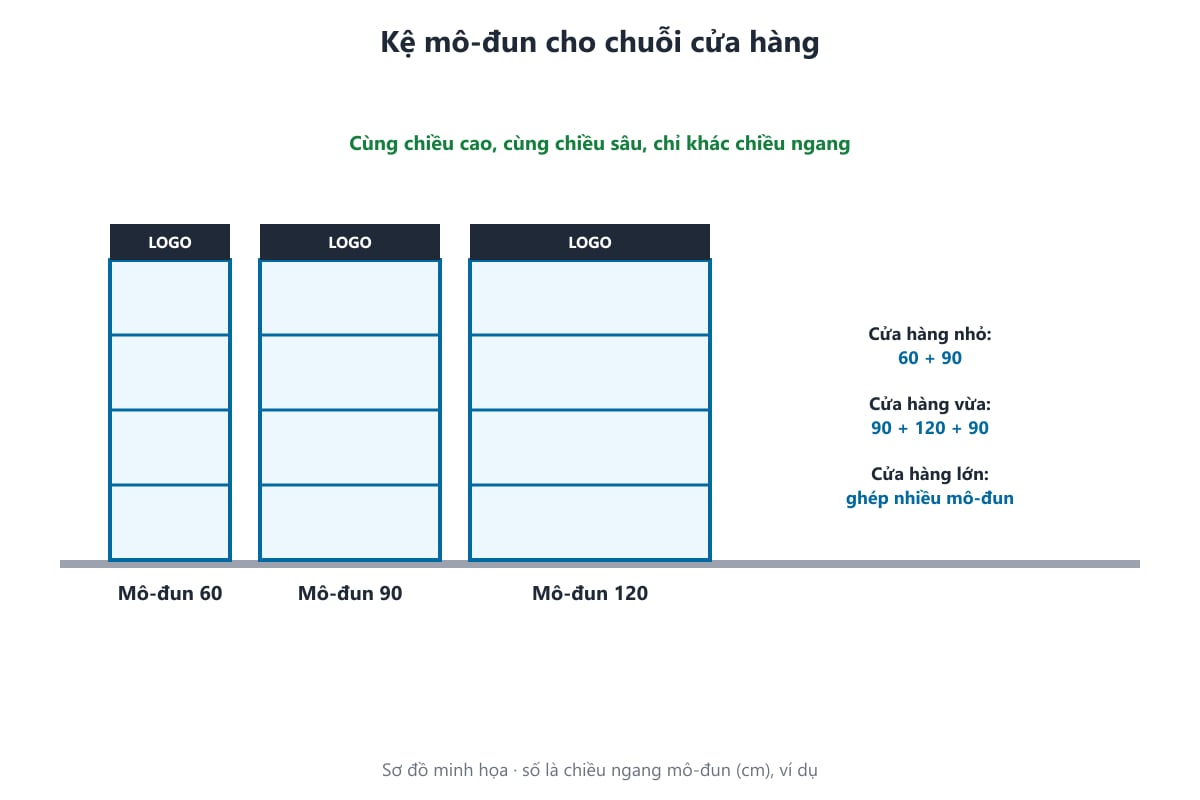 Sơ đồ kệ mô-đun ghép theo mặt bằng cho chuỗi cửa hàng