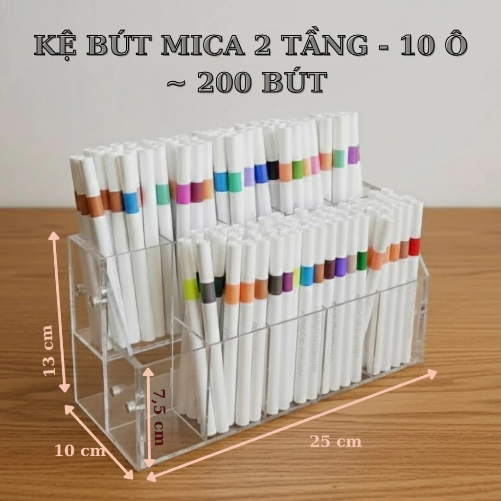 Kệ bút mica 2 tầng 10 ô có ghi kích thước 25 x 10 x 13 cm và vách trước 7,5 cm