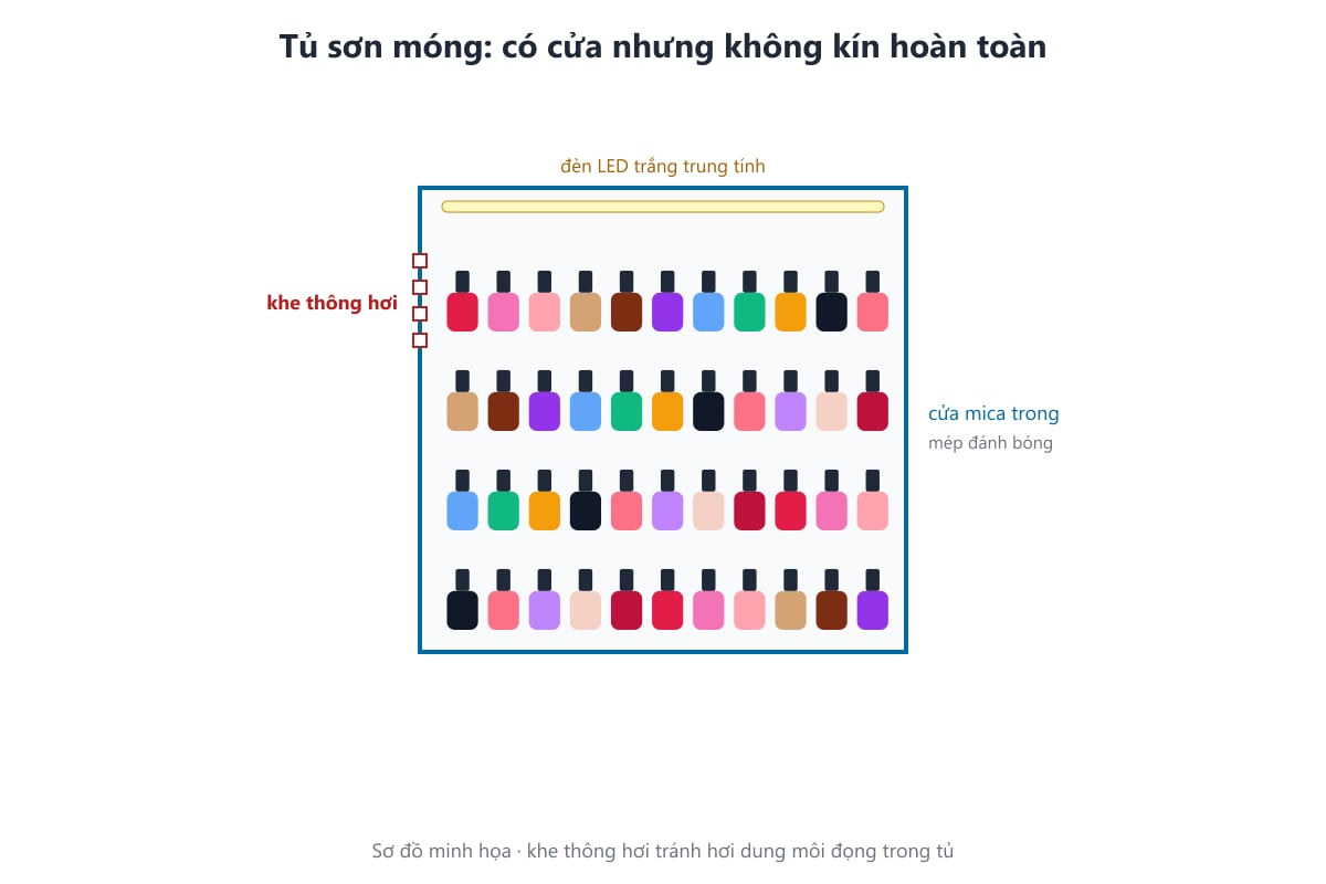 Sơ đồ tủ trưng bày sơn móng có khe thông hơi và đèn