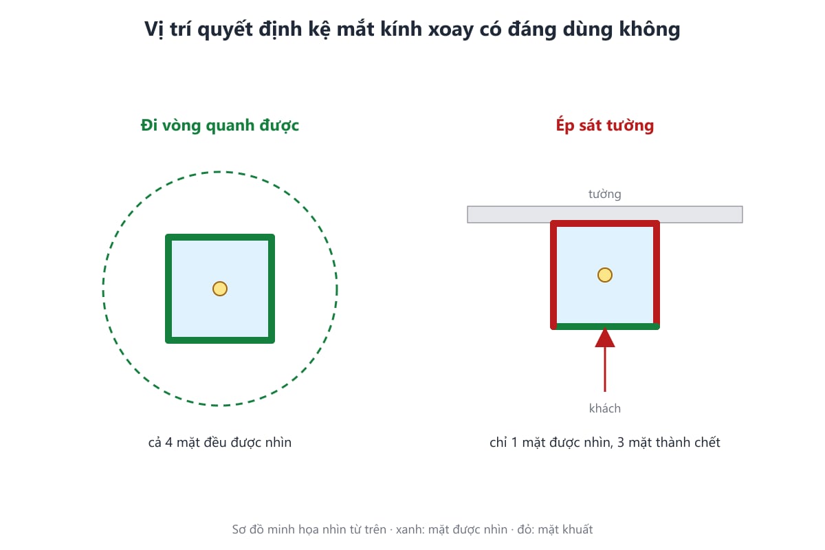 Sơ đồ vị trí đặt kệ mắt kính xoay: đi vòng quanh và sát tường
